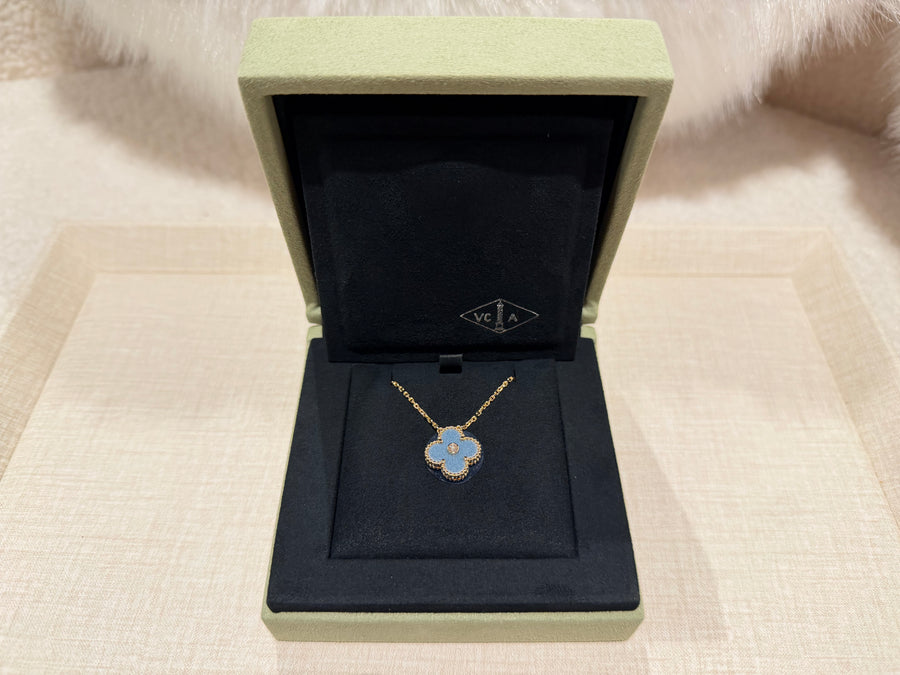 Van Cleef & Arpels Vintage Alhambra Pendant, Yellow Gold,Blue Grey Sevres Porcelain,Round Diamond