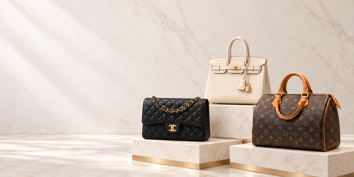 Hermès Birkin 25 Craie, Chanel Classic Flap and Louis Vuitton Speedy on warm-white marble.