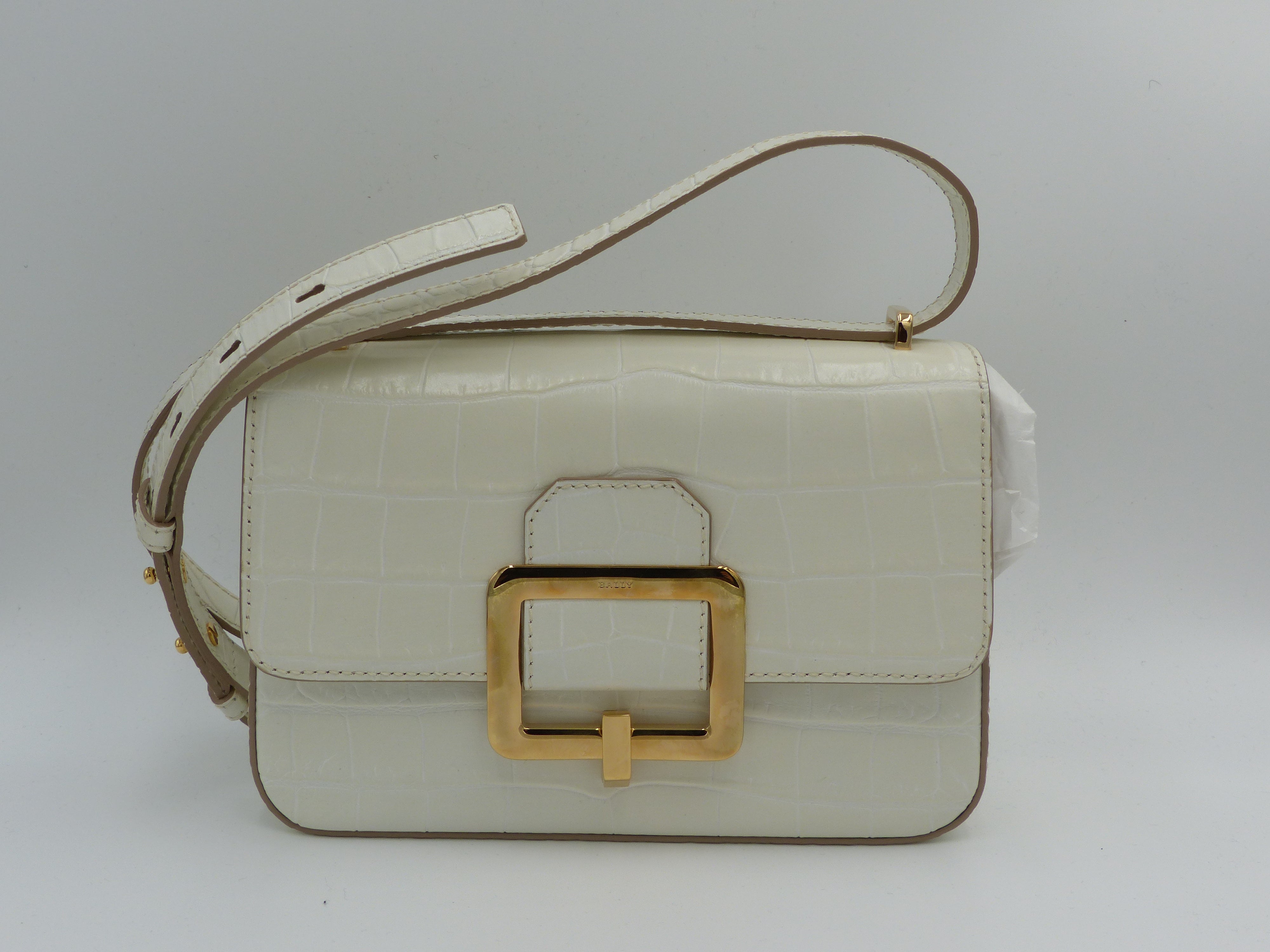 Bally Janelle Leather Shoulder Bag Crocodile Bone